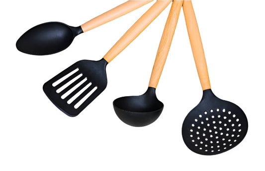 BLACK SILICON UTENSILS WITH COMPACTIC PLASTIC HANDLE-SET OF 4